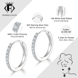 Silver Hoops Earrings for Women, 925 Sterling Silver Post Small Silver Hoop Earrings with AAA Cubic Zirconia, 3 Pairs Small Sleeper Hoops Huggie Hinged Earrings(6/8/10mm)