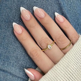 DMQ French Press on Nails Short Almond, 30Pcs White French Tip False Nails Pointed Stiletto, Natural Nude Fake Nails Set, Classic Soft Gel Stick on Nail with Glue for Women Daily Wedding Nail Art