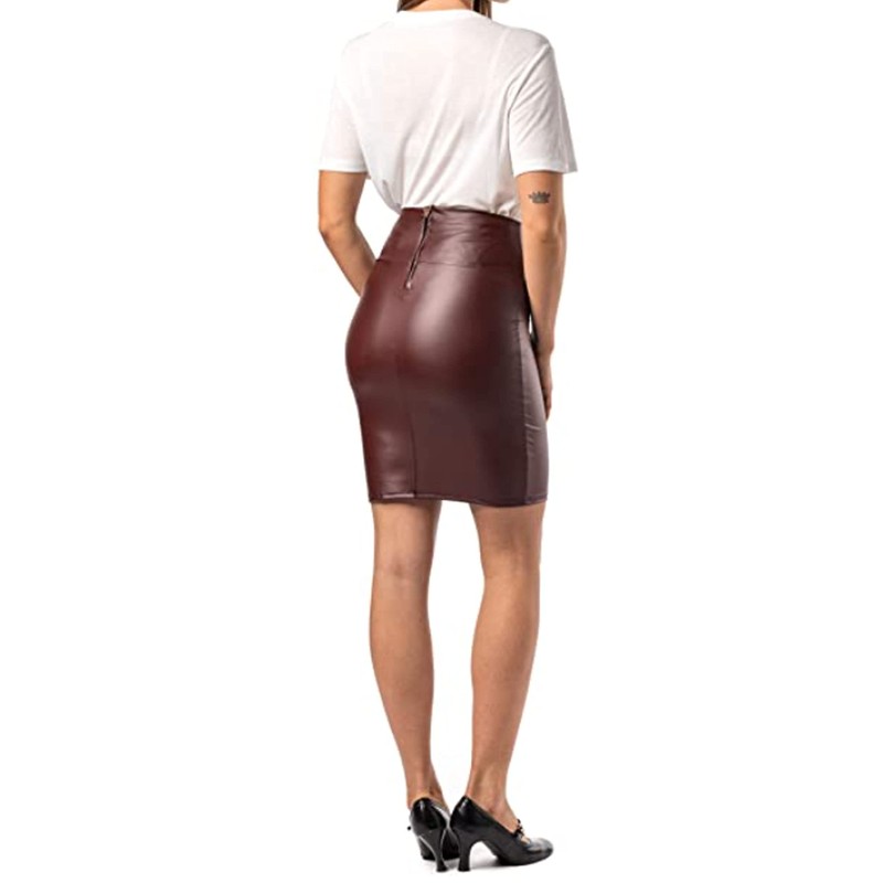Women's Knee-Length Leather Look Skirt, Wet Look Stretch Skirt -