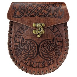 Medieval Belt Pouch, Brown Nordic Embossed Belt Bag Dragon Fenrir Wolf Leather Waist Bag Vintage Belt Pouch Viking Renaissance Fanny Pack Cosplay Costume Accessories for Men Women (Fenrir Wolf)