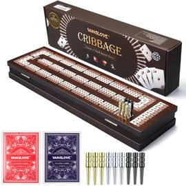 VAMSLOVE Wooden Cribbage Board Game Magnetic 3-Track Scoreboard with Large Slots for Storing 2 Playing Cards and 9 Metal Pegs, Travel Family Game Night (Instruction Included