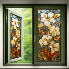 Frosted Privacy Window Film 17.5 x 38.3 Inches, Stained Glass White Floral Window Cling, Removable PVC Decorative Window Sticker for Glass Door, Bathroom, Bedroom, Kitchen (Vintage Light Gold Flora)