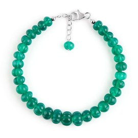 Carved Flower Green Onyx Quartz Gemstone Full Beads Dainty Crystals Bracelets Jewellery for Women, Chakra Healing May Birthstone, Gift for Her, Rhodium Plated 925 Sterling Silver Chain 20 cm