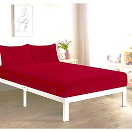 Fitted Bed Sheet With FREE MATCHING 2 X PILLOW CASES Poly Cotton Percale Easy Care Plain Dyed Bed Sheet Red Double