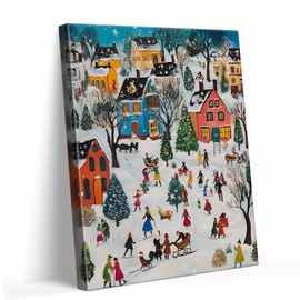 Christmas Village Canvas Wall Art Decor - Snowy Winter Scene with Colorful Houses, Christmas Trees and Cheerful Holiday Activities - Ideal for Room, Bedroom or Office Seasonal Decor 24X30 inch