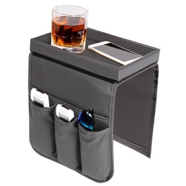 KINFAVOU Couch Caddy, Armchair caddy with Sofa Arm Tray, Non-Slip PU Leather Remote Control Holder for Recliner with 5 Pockets