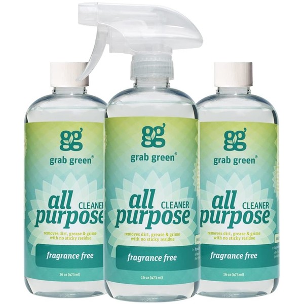 Grab Green All Purpose Cleaner, 16 Ounce, Fragrance Free Scent, Plant and Mineral Based, Removes Dirt, Grease and Grime with No Sticky Residue (Pack of 3)