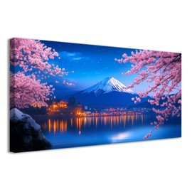 CCWACPP Cherry Blossoms Canvas Wall Art Mount Fuji Picture Japan Mountains and Flower Art Prints Japanese Wall Decor Framed for Living Room Bedroom Home (12.00" x 24.00")