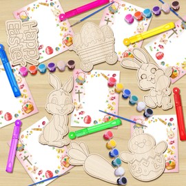 Yizeda Easter Party Favors Set 12 PCS Bunny Party Supplies with Bubble Sticks,Easter Day Bunny Cards with Wood Painting Craft Kits,for Kids School Boys Girls Gifts Exchanges