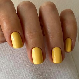 Yellow Press on Nails Short Square Fake Nails Solid Color False Nails Full Cover Glossy Acrylic Nails Reusable Artificial Stick on Nail Glue on Nail for Women Manicure 24Pcs