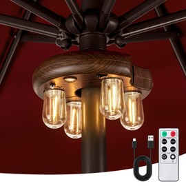 OPOIRA Dark Wood Grain Patio Umbrella Light with Remote Control, Rechargeable Cordless LED Edison Bulbs Pole Light with 10 Brightness Levels for Garden, Patio, Backyard, Camping or BBQ (1 Pack)