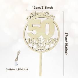 Decorazione per torta per 50° compleanno, donna, uomo, Seutgjie, 50° compleanno, anniversario, matrimonio, matrimonio, in legno, con catena luminosa a LED dal 1976 al 2026