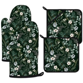 Botanical Print FloralOven Mitts and Pot Holders Sets Heat Resistant 4Pcs Potholders Oven Gloves Hot Pads for Kitchen Baking Cooking Grilling BBQ
