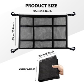 Car Ceiling Cargo Net,35.43"×25.59" Auto Ceiling Storage with Reinforced Buckle Fastener,Double Layer Mesh Roof Storage Organizer,Universal Camping Essentials for Cars, Vans, SUVs