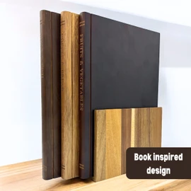 The Cutting Board Library | 100% Acacia Wood | Set of 3 Decorative and Functional Cutting Boards with Wooden Stand | Fruits, Vegetables, Meat, Fish, Cheese and Bread | Statement Piece for Countertop