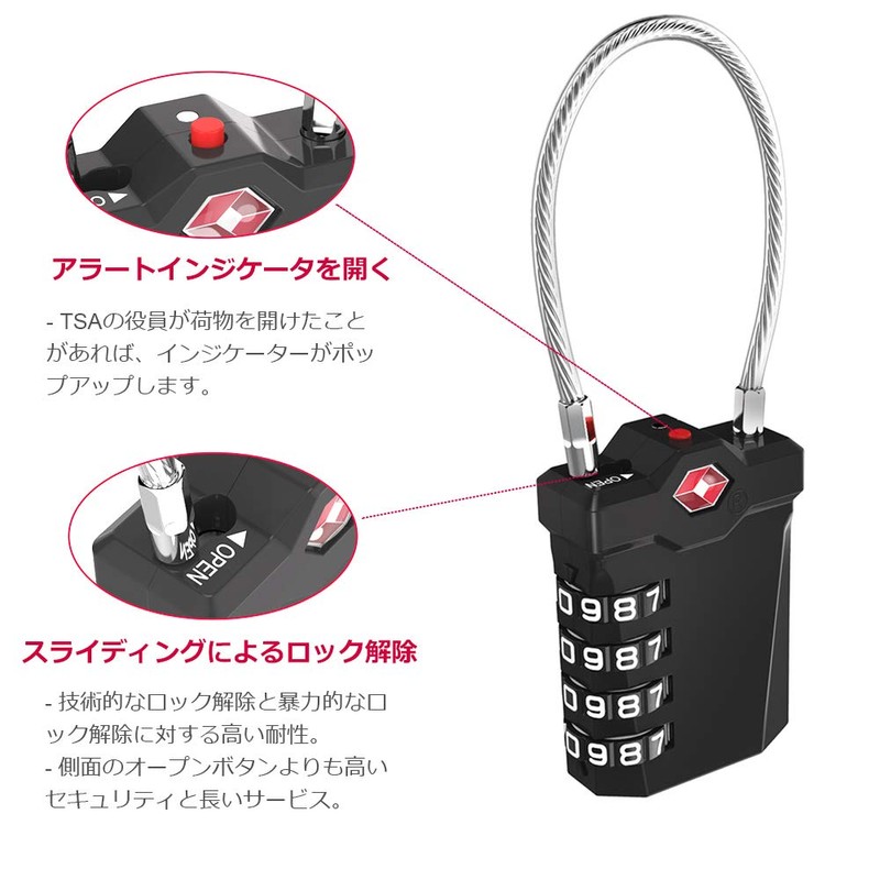 TSA Lock, Padlock, Four-Digit Dial Lock, Cable Type, For Travel,