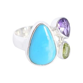 Natural Arizona Turquoise,Peridot,Amethyst Gemstone 925 Sterling Silver Bezel Setting Statement Ring SZ-K 1/2 FSJ-4068