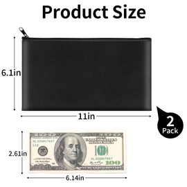 2 Pack Money Bags with Zipper, 11x6.1 Inch PU Leather Cash Pouch, Secure Bank Bag for Coins, Bills, Checks, Invoices, Cosmetics, Tools (Black)