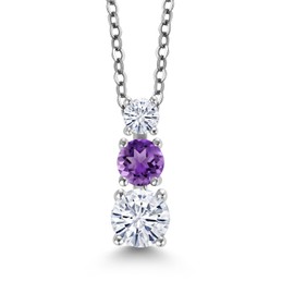 Gem Stone King Rhodium Plated Amethyst 3 Stone Pendant for Women & Chain  Moissanite 0.85ct