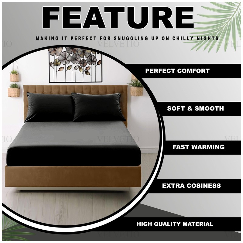 VELVETIO Easy Care Plain Black Fitted Sheet, Soft Breathable 100%