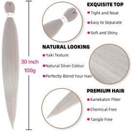 Xusuperb 30 Inch Long Pre Stretched Braiding Hair Silver Grey Easy Braids Extensions Silver Kanekalon Synthetic Hair for Braiding 6 Packs Pre-Stretched Braiding Hair Yaki Braids Hair Extensions