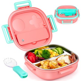 PEDECO Stainless Steel Bento Box for Kids - 2-Compartment Design - Complete Lunch Set with Portable Cutlery - Ideal for Children Aged 3 & Under - Dishwasher Safe & BPA-Free(Coral Pink)