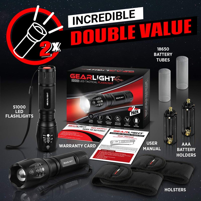 GearLight LED Flashlight Pack -2 Bright, Zoomable Tactical Flashlights with