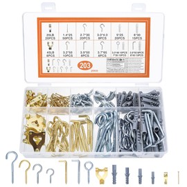 203 Pcs Picture Hanging Kit: Screw-in Hooks, Screw-in Vine Eyelet Screws, L Hooks Screw in Hooks, Ceiling Cup Hooks, Picture Nails for Walls, Heavy Duty Picture Hooks for Hanging Pictures Plants