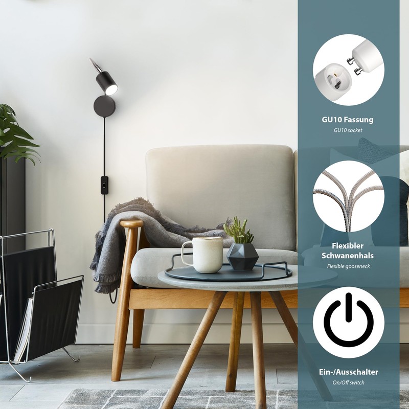 ledscom.de Waika Reading Lamp with Gooseneck Plug Switch Matte Black