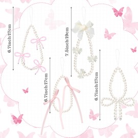 Daifunli 4 Pcs Pink Bow Cute Phone Charms, Pearl Beaded Strap Lanyard, Aesthetic Y2k Cell Keychain, Chain for Girls Women