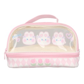 Bonito Estuche para Bolígrafos de Conejo Estuche de Lápices Kawaii de Doble Capa de PU Bolsa de Cosméticos Rosa Transparente PVE con Asa para Niñas