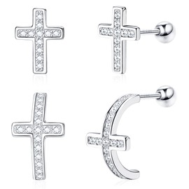 Sllaiss 925 Sterling Silver Cross Stud Earrings Cubic Zirconia Stud Earrings for Women Small Cartilage Earrings Screw Back Earrings White Gold Stud Earrings Set, Sterling Silver Cubic Zirconia, Cubic