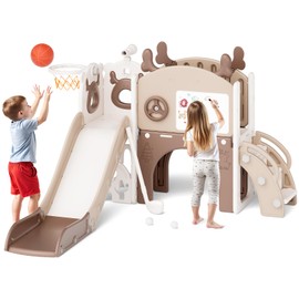 Mloong Toddler Slide for Kids - 11 in 1 Kids Slide for Toddlers Baby 1-3 Years Old, Indoor and Outdoor with Basketball Hoop Golf Drawing Set, Easy Assembly Elk Theme(Beige & Rosy Brown)(54×62×39in)