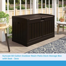Suncast 50 Gallon Medium Capacity All Weather Construction Resin Outdoor Storage Deck Box with Bench Seat and Lid for Patio, Garden, or Pool, Java