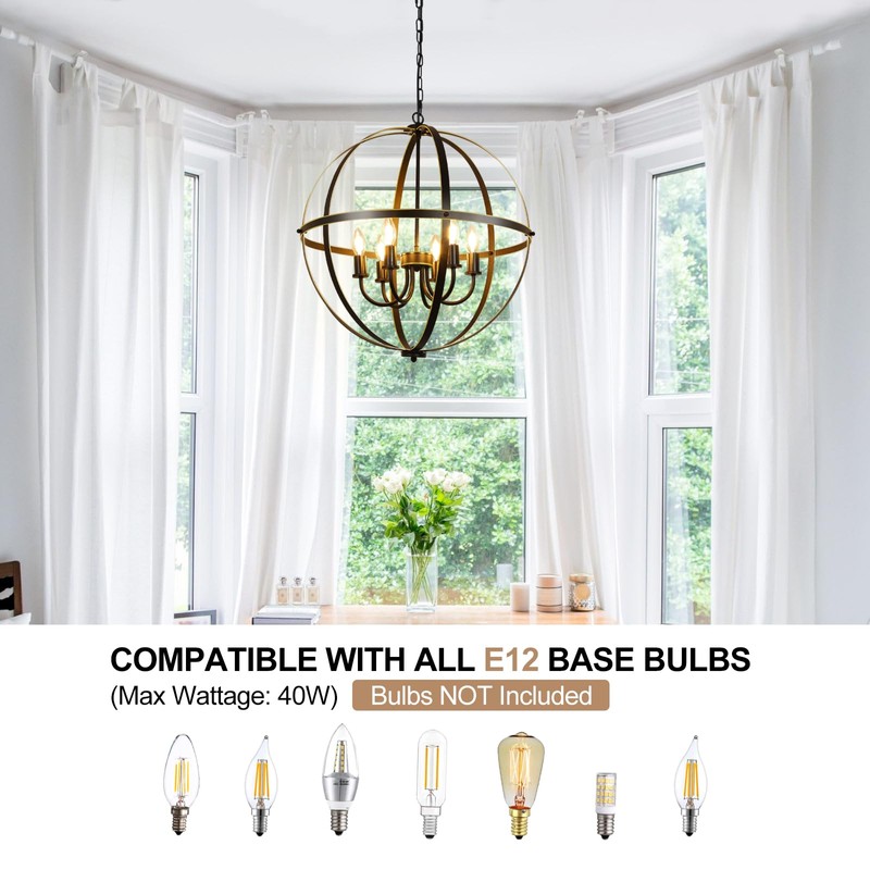 DLLT 6-Light Orb Chandelier, Black and Gold Globe Pendant Lights,