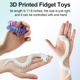 Aolcev 3D Printed Animals Snake Fidget Toys 11.8 Inch Flexible Joints Creative 3D Printed Fidget Toys Articulated Viper Snake Home Office Decor Executive Desk Autism ADHD Toy for Kids Adults-White