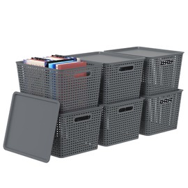 Qskely 6-Pack Large Plastic Storage Baskets with Lid, Gray