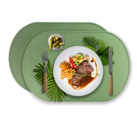 Silicone Placemats, Set of 2 Food-Grade Oval Non-Slip Waterproof with Hight Edge Placemat, Heat Ressistant, Stain Resistant, Countertop Protector, Kitchen Counter Mat, Silicone Baking Mat, Green