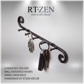 RTZEN 5 Hooks Swirls Decorative Rack for Hanging Home Organized - Key Bar, Tools, Accessories - Wall Mount Easy Installation | Wrought Iron Fancy Keys Holder for Wall | Rot Metal Handmade Keyrack
