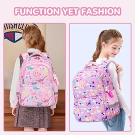 MUSEVOS Kids Backpack, Kawaii Printed Girls Bookbags for Preschool, Lightweight School Backpack for Primary and Elementary and Kindergarten, Waterproof Teen Backpacks, Pink/Dinosaur