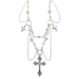 NAMEOF Cross Pearl Fairy Grunge Necklace Choker Chain Y2K Cross Gothic Lolita Illness Punk Rock Rosary Subcal Street Mode Gothic Unisex, Metal, No Gemstone