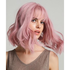 Veally Curly Bob Wig with Bangs Short Wavy Pink Wigs for Women Natural Looking Synthetic Heat Resistant Fiber Bob Wig for Daily Party Use (Pink)