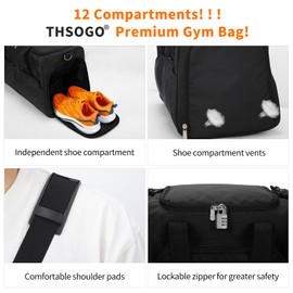 THSOGO Mens Gym Bag with Shoe Compartment - 20 inch Sports Duffle Bags with 12 Compartments Including Wet Pocket - Black