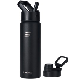 SUNWILL Metal Water Bottle with Straw 22 oz, Stainless Steel Insulated Flask for Cold and Hot Drink, Travel, Sports, Gym, Powder Coated Black