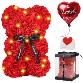 Rose Bear Mother's Day Flower Gifts for Women, Rose Teddy Bear with Lights, Cute Teddy Flower Bear, Birthday Gifts for Girl, Romantic Gifts for Wife Girlfriend With Transparent Gift Box and Love Card