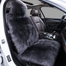 AOGELAN Sheepskin Car Seat Cover, Fluffy Fuzzy Long Wool Front Auto Cushions, Universal Fits Most Vehicle SUV Truck Minivan, Airbag Compatible (Charcoal)