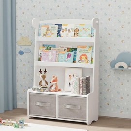 WISUCART Kids Bookshelf and Toy Storage Organizer, 3 Tier Bamboo Todders Book Shelf Large Book Rack for Child Room Playroom Nursery for Kids, Children, Toddlers (White)