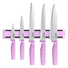 hecef Kitchen Knife Set with Magnetic Strip, 6 pcs Professional Knives Set for Kitchen, 13-inch Magnetic Strip Stainless Steel Sharp Chef Knife Set with Purple Handle for Cutting Meat & Vegetable