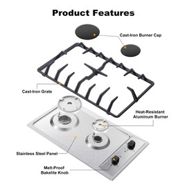 Eascookchef 2-Burner Gas Cooktop with Thermocouple Protection - NG/LPG Convertible 12" Stainless Steel Built-in Gas Stove Top for RV, Kitchen & Camping