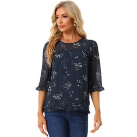 Allegra K Women's Casual Ruffle 3/4 Sleeve Floral Print Chiffon Blouse Large Navy Blue